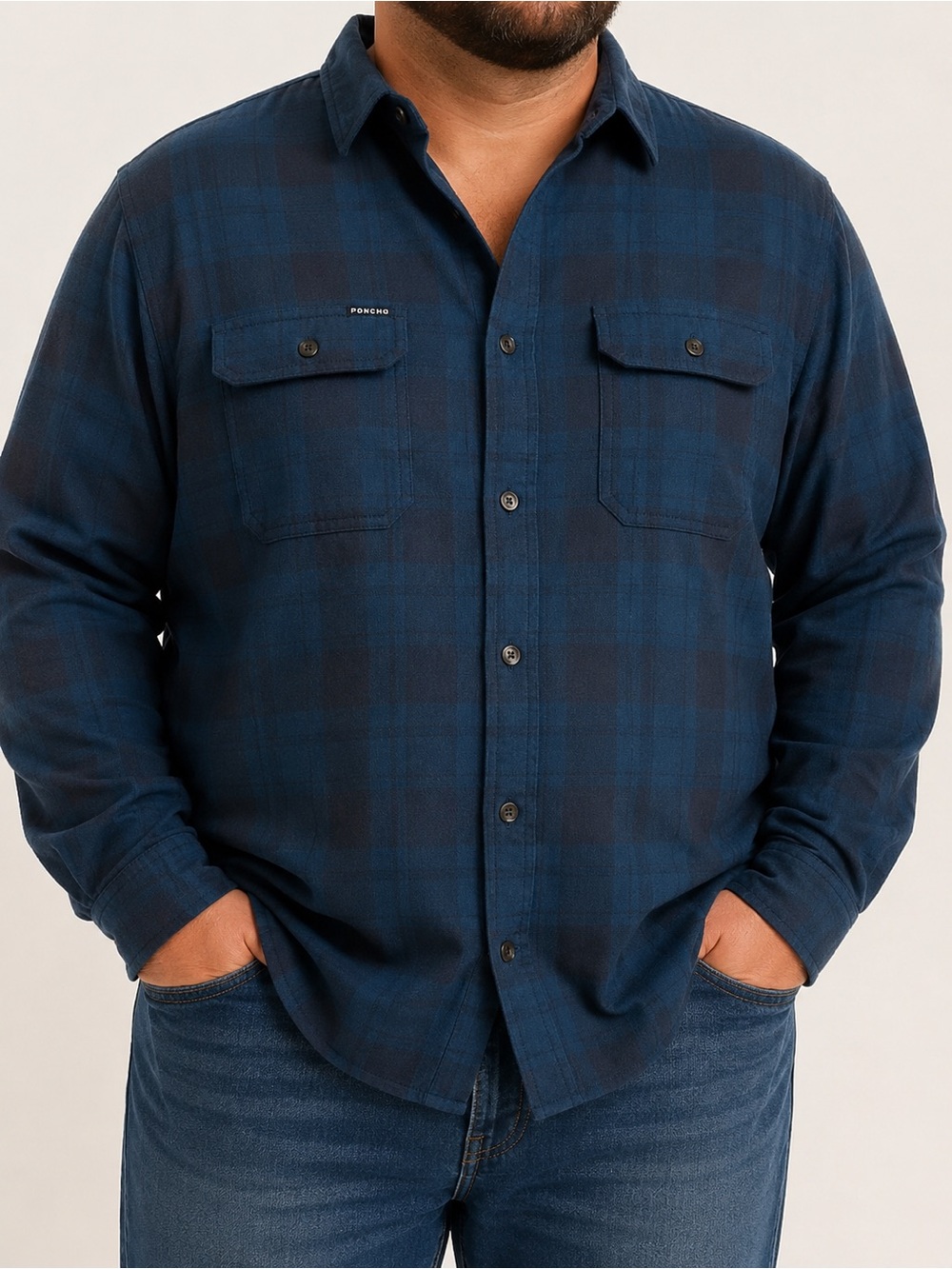 Poncho Mens The Blue Goose Midweight Performance Flannel Dark Blue Plaid Size XL
